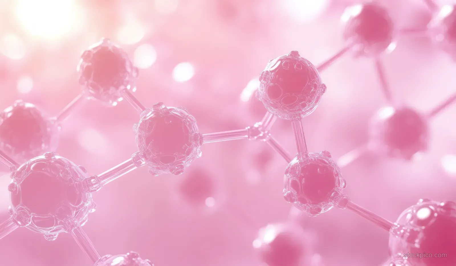 Pink glowing molecular network with spherical nodes and connecting bonds on a soft light background.