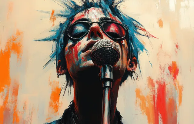 A colorful cartoon monster sings into a microphone with orange paint splashes behind it.