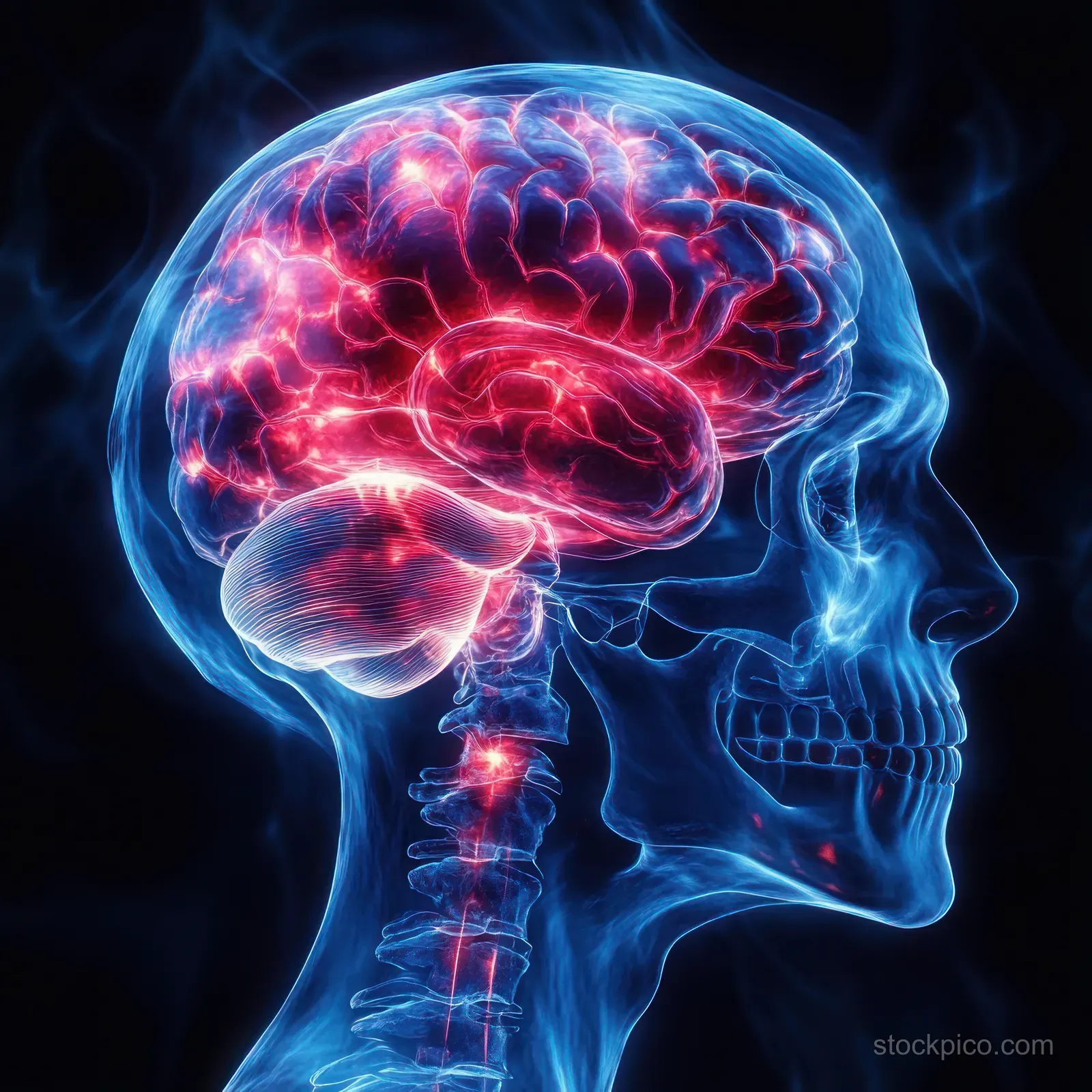 Side profile transparent skull with glowing red neural impulses across the brain and spinal cord.