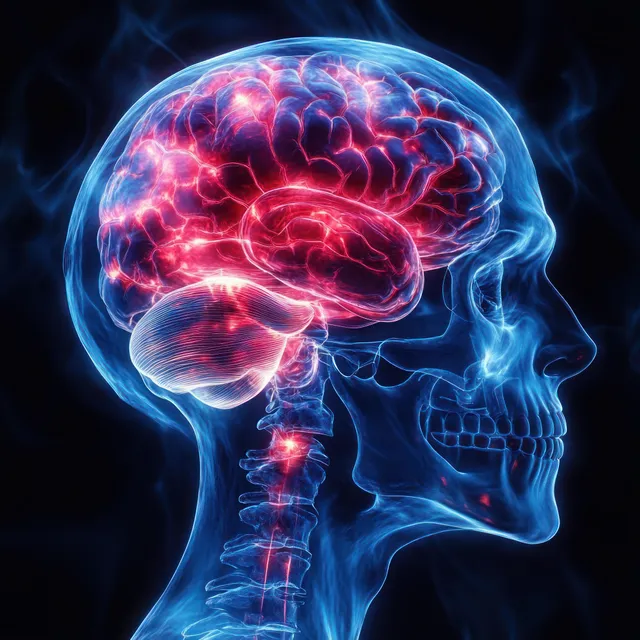 Side profile transparent skull with glowing red neural impulses across the brain and spinal cord.