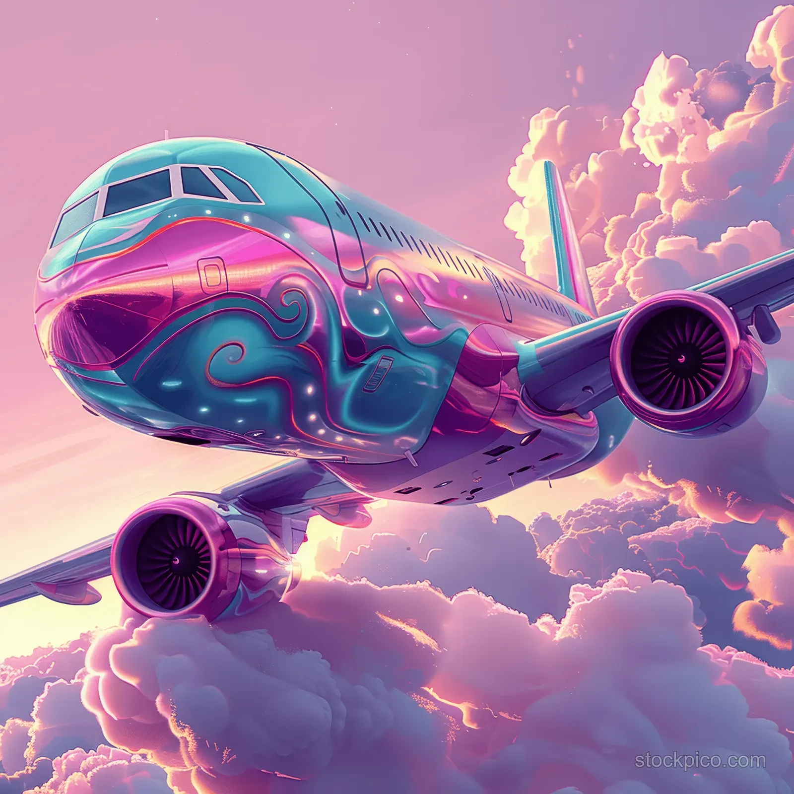 A colorful cartoon airplane flies through pink clouds with neon purple swirling patterns around its body.