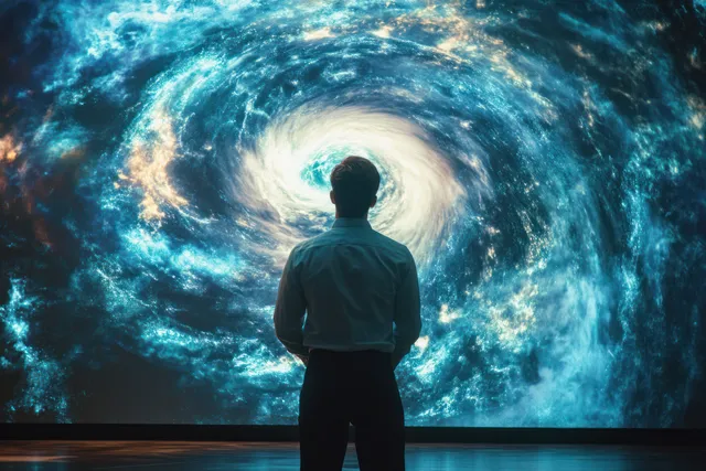 Silhouette man stands facing a large swirling blue-white galaxy vortex on a screen.