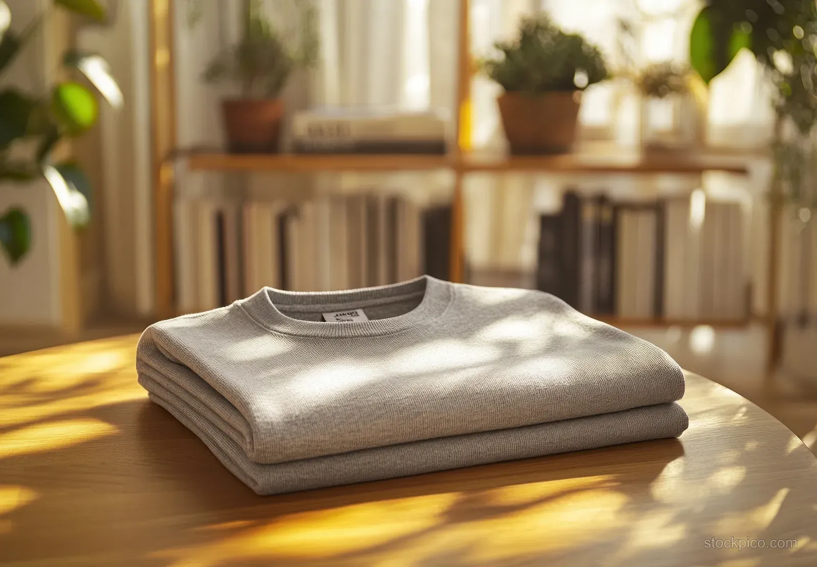 Folded gray slim-fit short sleeve t-shirt lying on a sunlit wooden table with soft shadows.