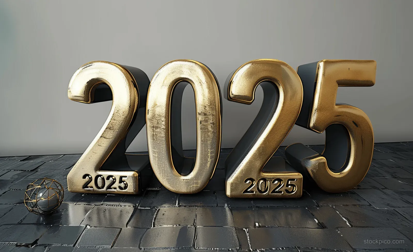 Golden 3D 2025 text on dark stone tiles with a small numbered plaque, set against a grey background.
