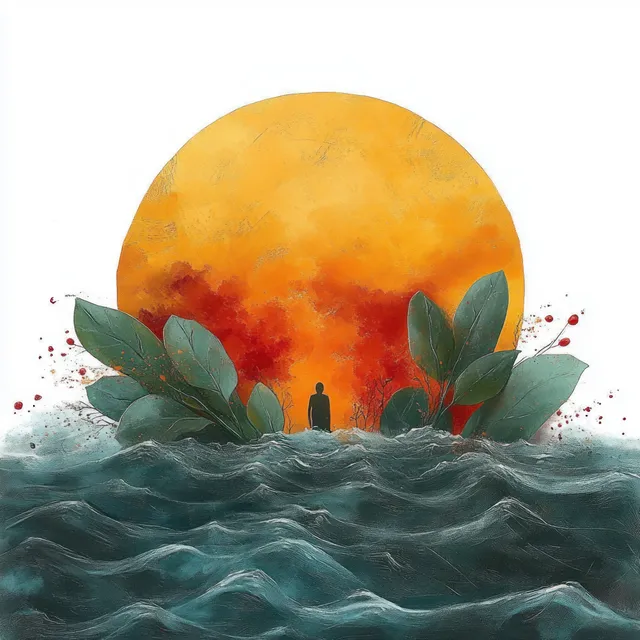 Silhouette of a person standing among green leaves over dark ocean waves beneath a glowing orange sun.