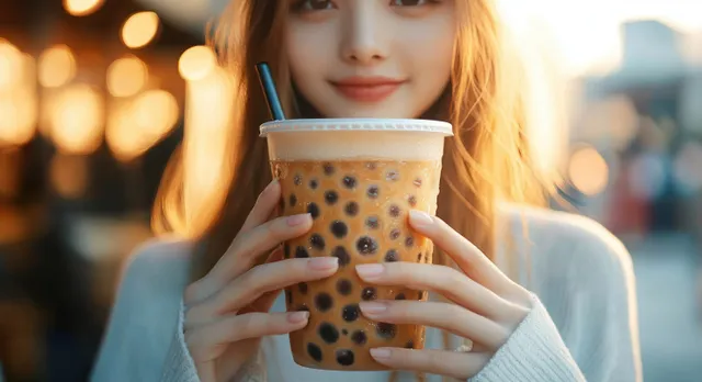 Young woman holding a large bubble tea cup with straw, warm bokeh lights behind with Food And Drink Portrait