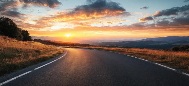 An empty winding mountain road at sunset with warm light and dramatic clouds over distant hills.