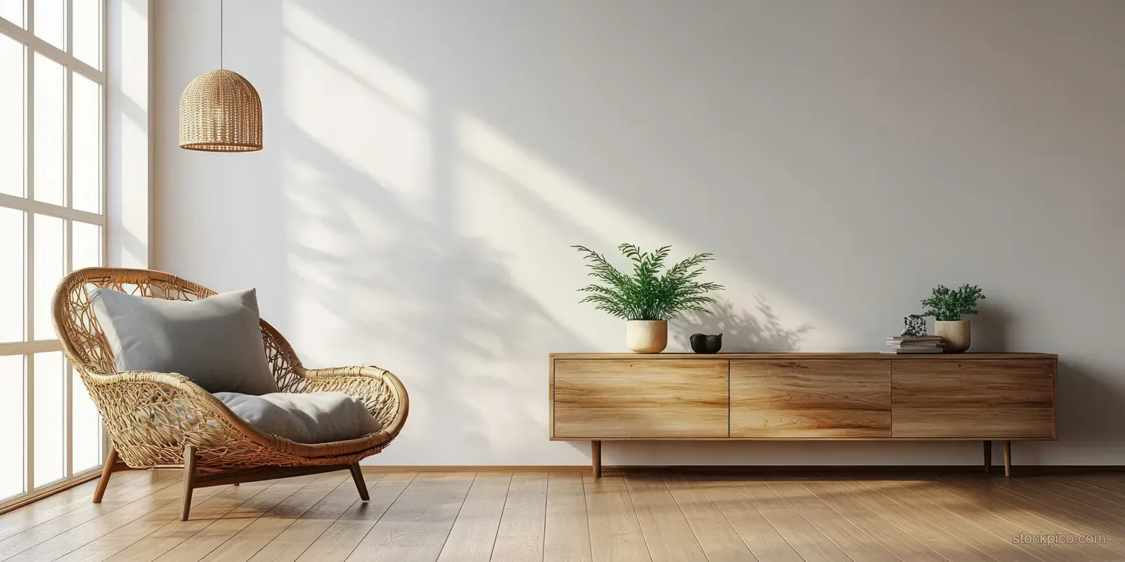 Minimalist living room with a rattan armchair, wooden sideboard, and potted plants near a bright window.