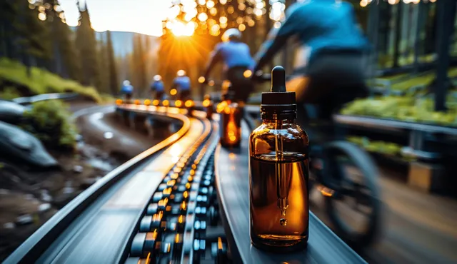 Amber dropper vial bottle rests on an automated conveyor with warm, blurred manufacturing lights behind.
