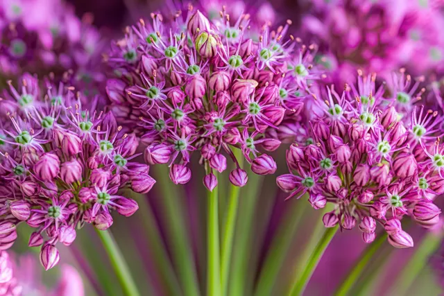 Purple allium flower clusters with small buds and green centers in sharp macro focus outdoors.