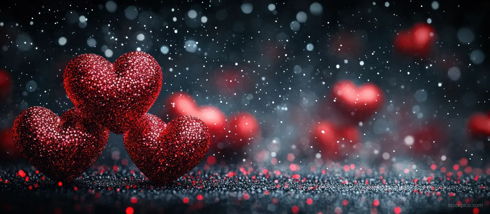Glittery red heart shapes glow on a dark textured surface with falling snow-like particles.