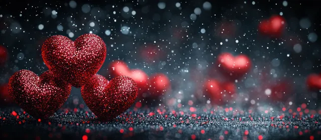 Glittery red heart shapes glow on a dark textured surface with falling snow-like particles.