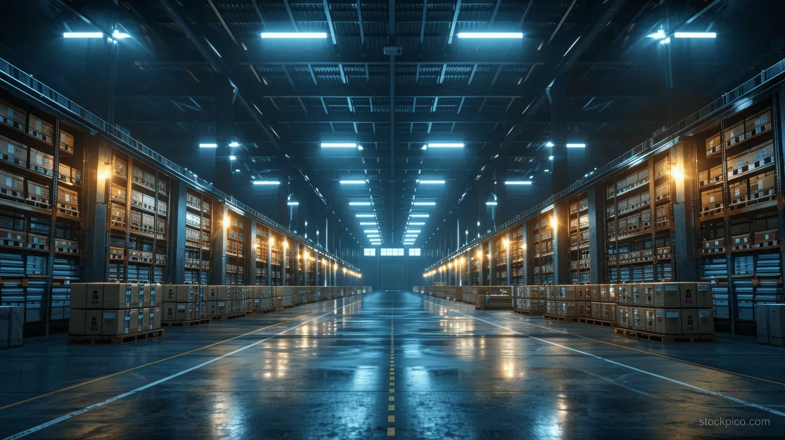 A wide logistics warehouse aisle at night shows stacked pallets and glowing overhead lights reflected on the floor.