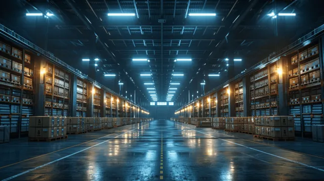 A wide logistics warehouse aisle at night shows stacked pallets and glowing overhead lights reflected on the floor.