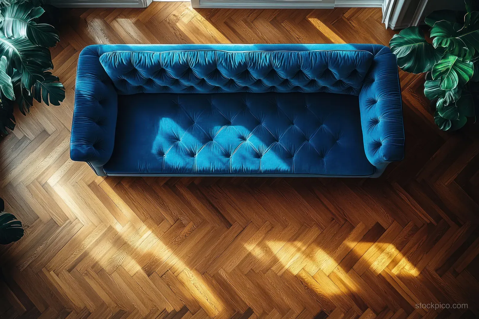 Top-down view of a deep blue tufted velvet sofa on a chevron wooden floor with warm sunlight shadows and tropical plants.