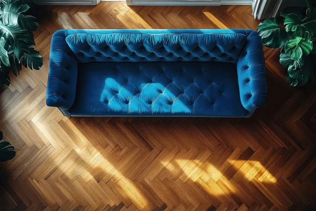 Top-down view of a deep blue tufted velvet sofa on a chevron wooden floor with warm sunlight shadows and tropical plants.