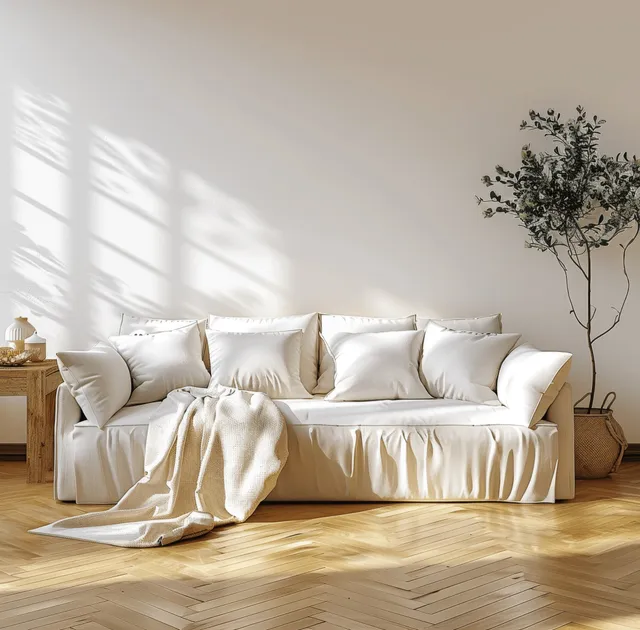White sofa and wooden side tables in a sunlit minimalist coastal living room with a parquet floor.