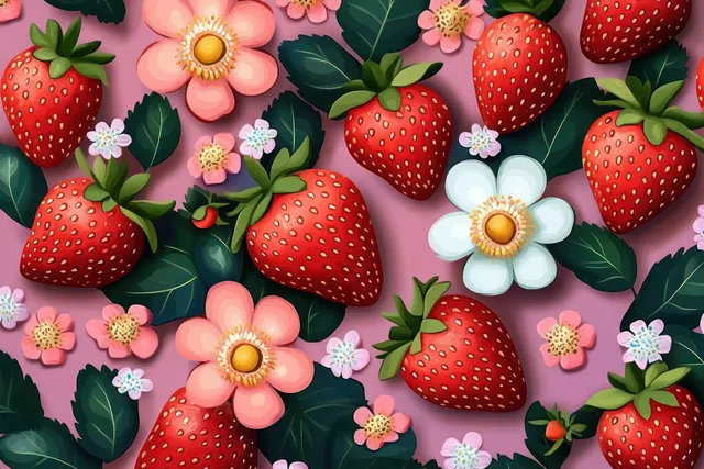 Seamless repeating pattern featuring red strawberries, pink flowers, and green leaves on a pastel background.