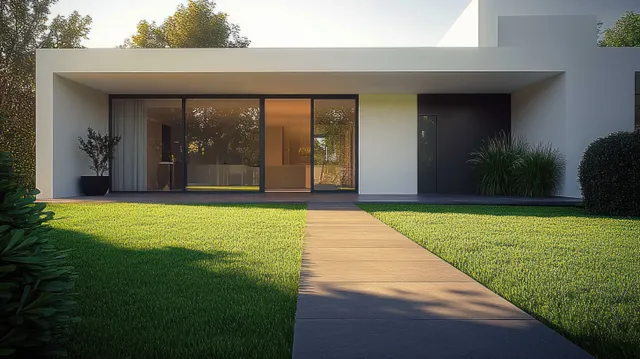 Contemporary minimalist house facade with large glass windows and trimmed lawn