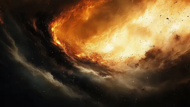 A swirling fiery galaxy with a bright glowing core appears surrounded by dark nebula clouds and small debris specks.