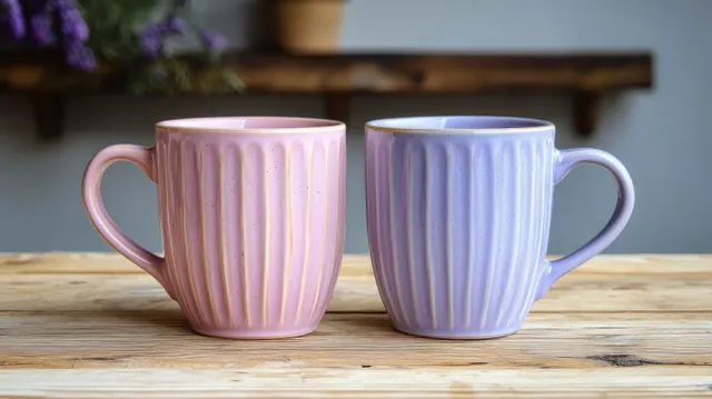 Pink and lavender ridged ceramic mugs are placed side by side on a wooden table with a blurred background.