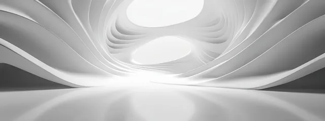 Monochrome white tunnel with flowing curved walls and soft ambient lighting creating strong depth.