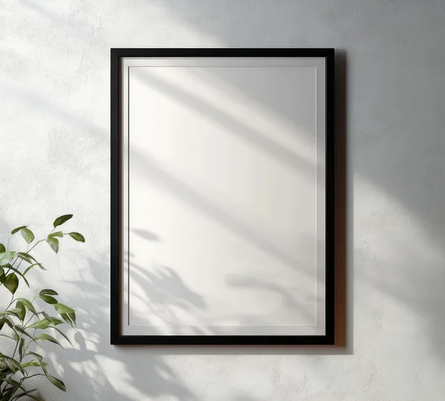 Minimal black picture frame mockup on a textured white wall with soft natural light shadows and a small plant.