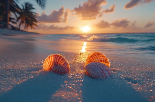 Red-orange seashells on sandy beach at tropical sunset with palm silhouettes