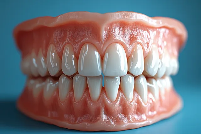 Glossy 3D dental model showing healthy teeth and gums against a blue background.