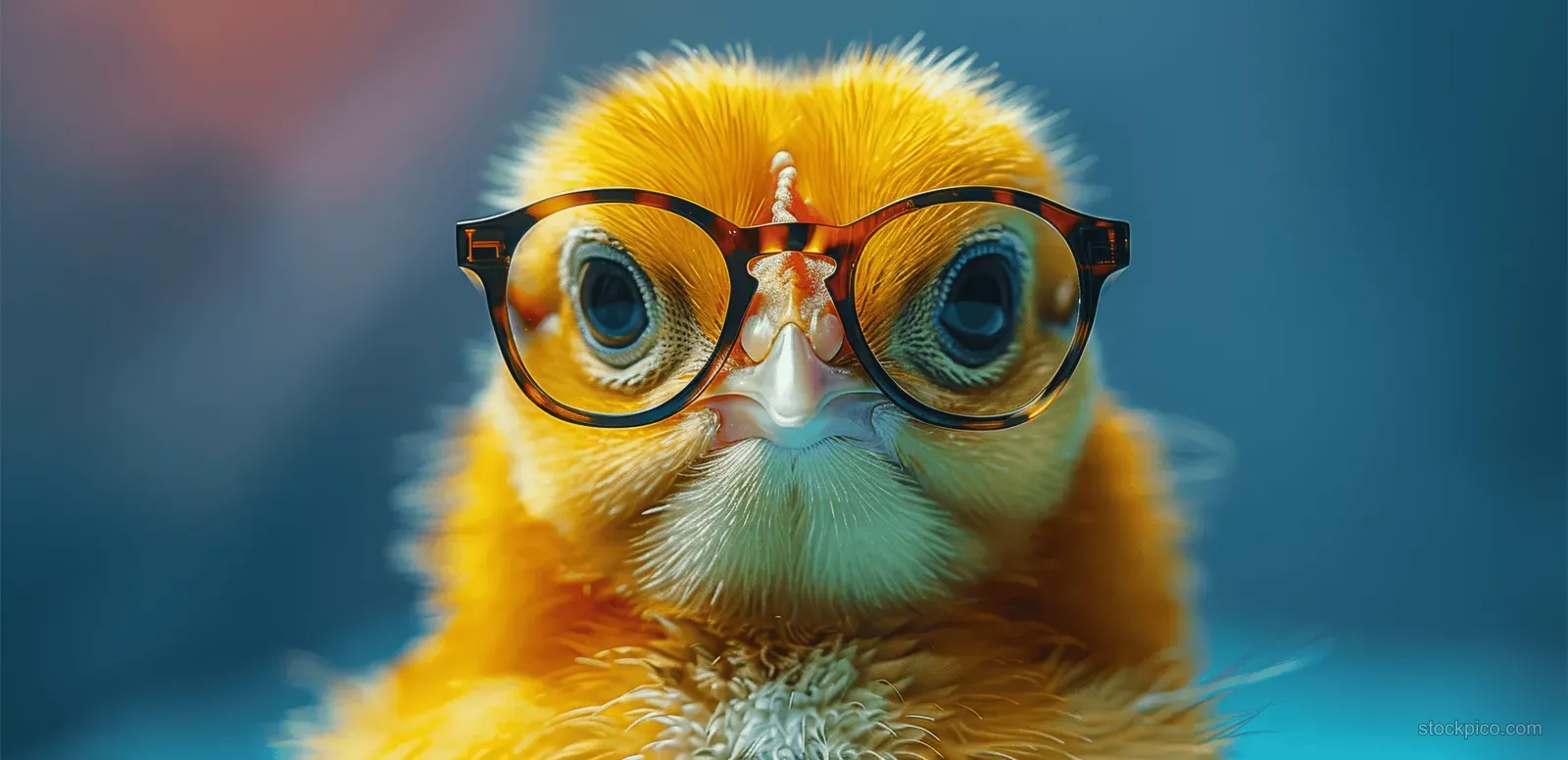 A yellow chick wearing round glasses with large eyes in front of a softly blurred blue background.