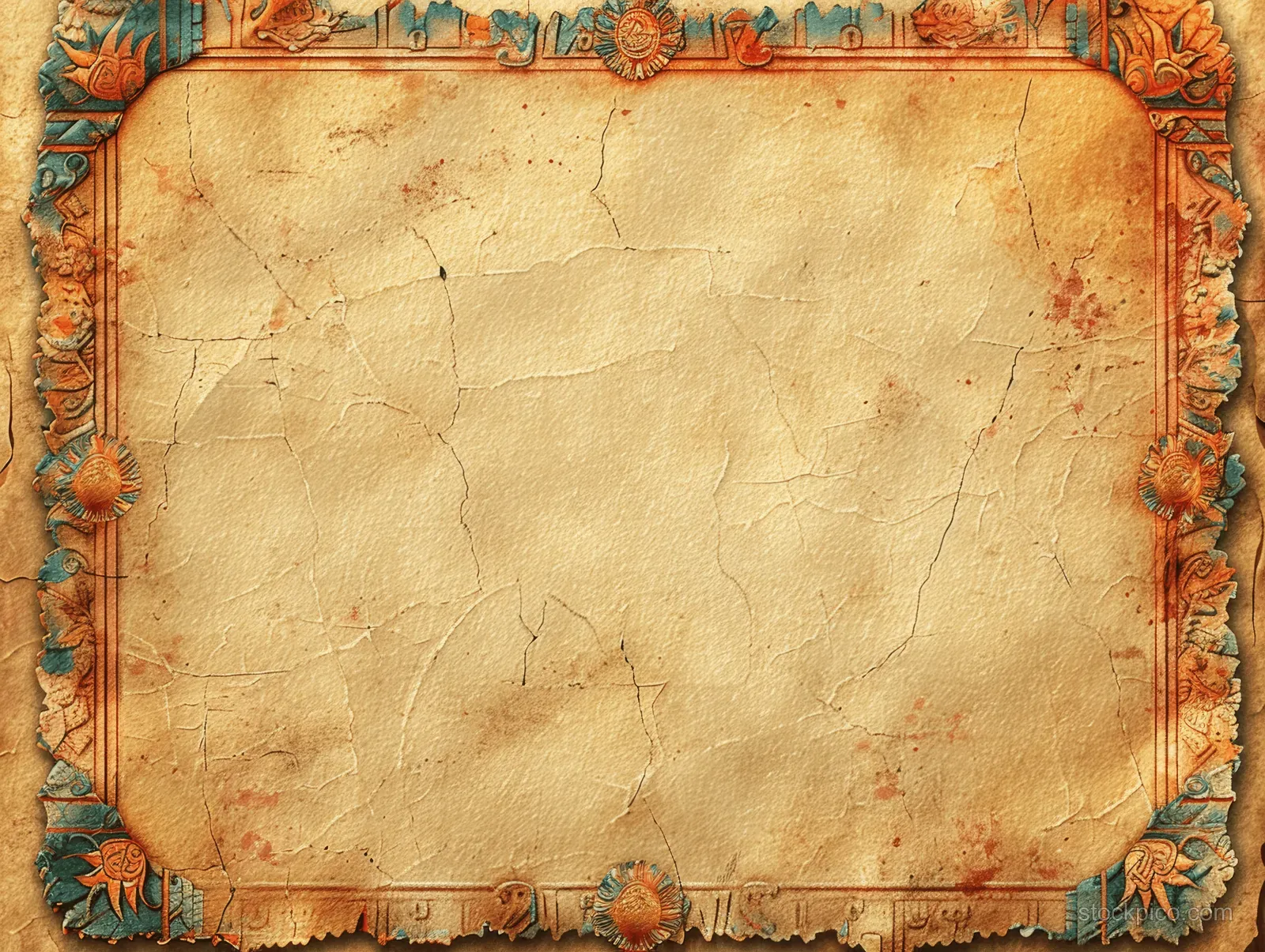 Yellow parchment sheet with an ornate tribal border and a cracked blank center ready for text.