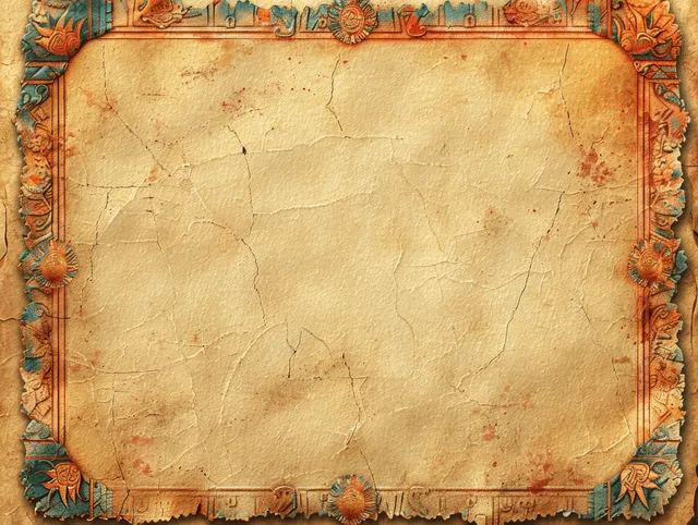 Yellow parchment sheet with an ornate tribal border and a cracked blank center ready for text.