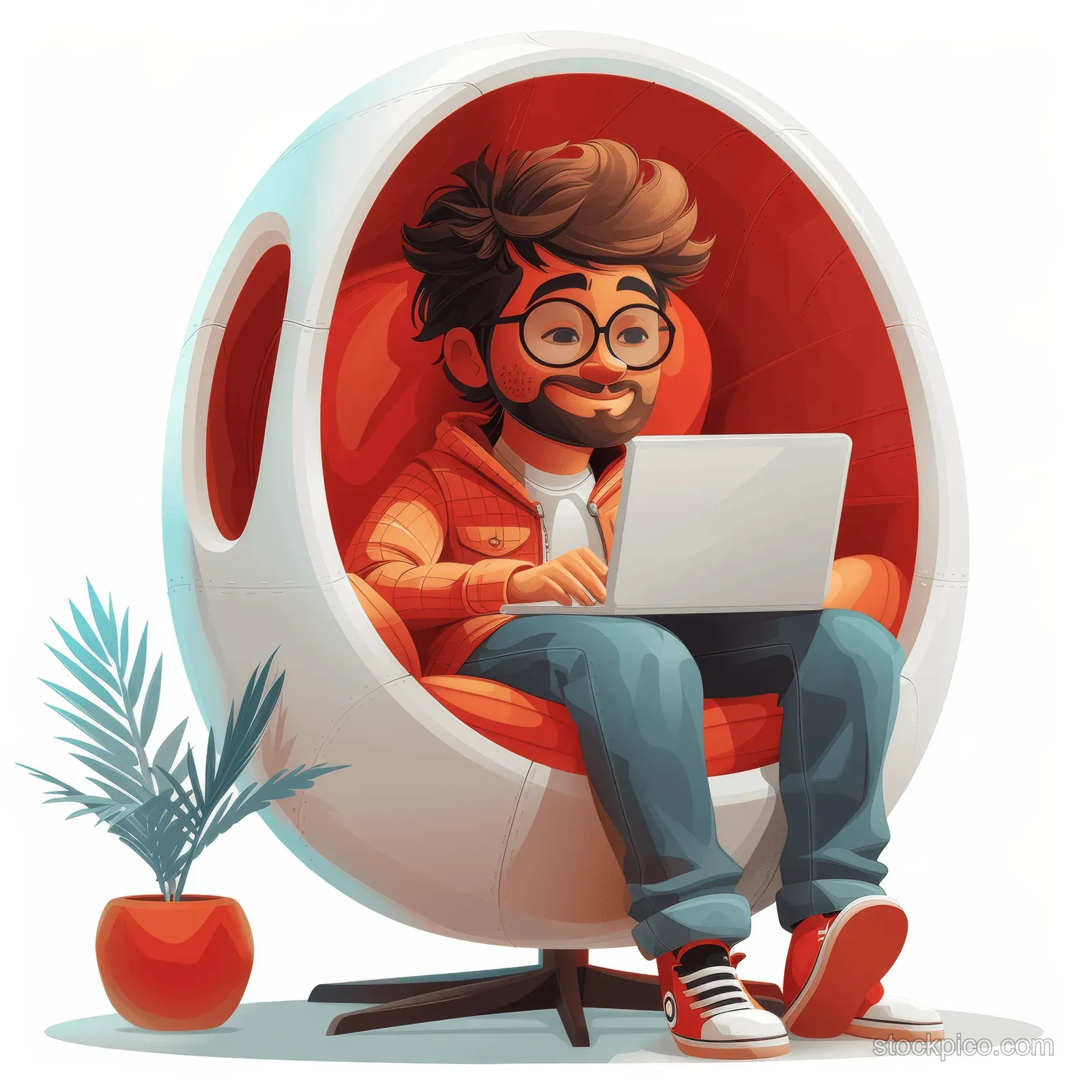 3D businessman sits in a red and blue spherical egg chair typing on a laptop beside a small plant on white.