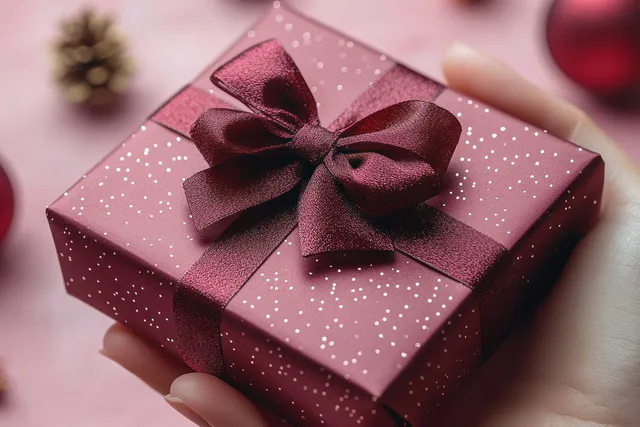 Woman’s hand holds a pink gift box with glossy ribbon and bow closeup