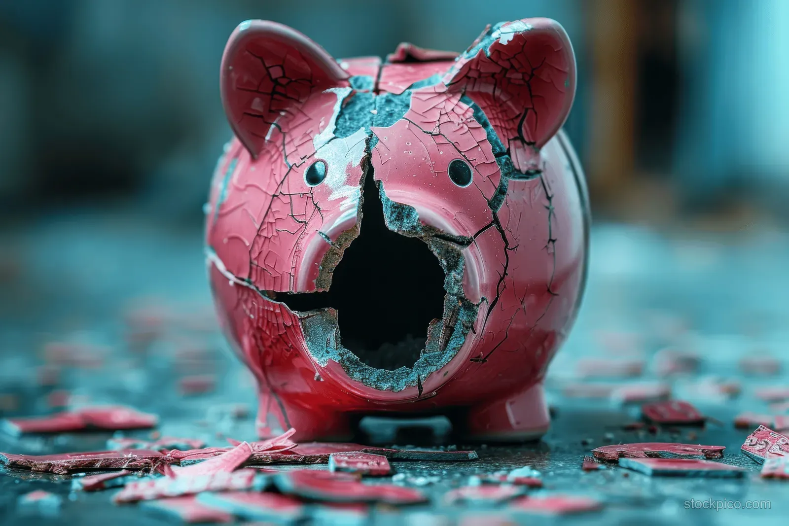 A shattered pink piggy bank with scattered coins on the floor, cracked open to suggest financial stress.