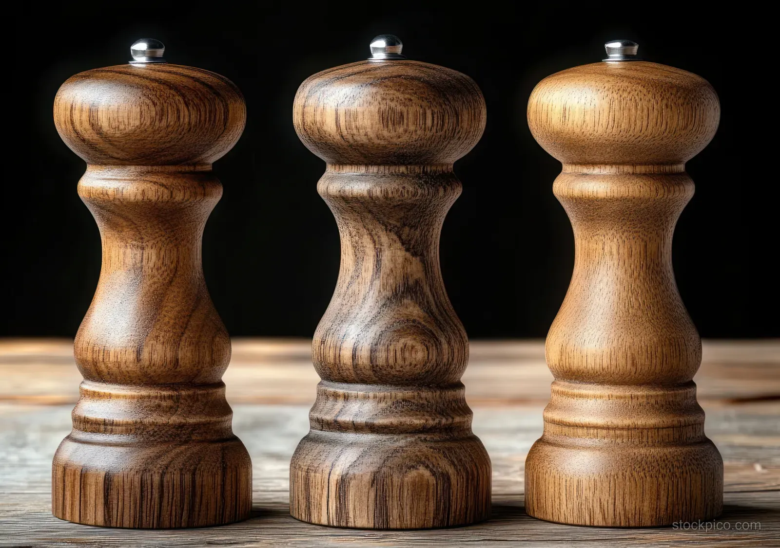 Three wooden pepper grinders with metal tops stand on a wooden surface against a dark black background.
