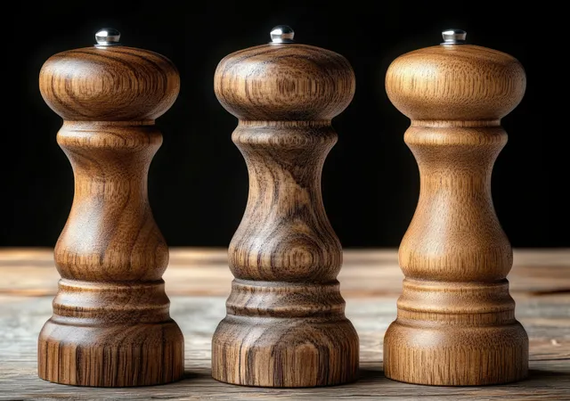 Three wooden pepper grinders with metal tops stand on a wooden surface against a dark black background.