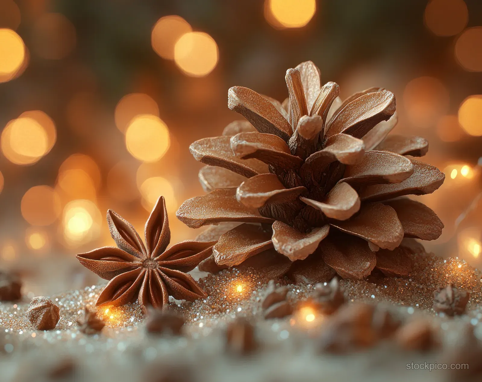 Star anise and pine cone arranged with evergreen sprigs on a frosty surface, glowing with warm bokeh lights.