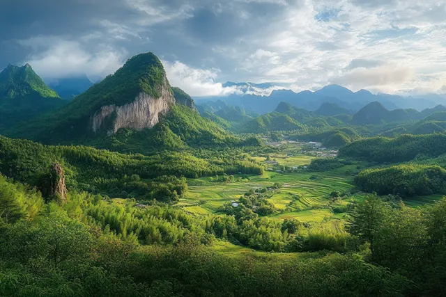 A serene valley showcases terraced green fields and towering mountains under a cloudy blue sky.