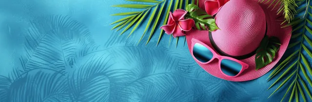 Pink beach hat and sunglasses with tropical leaves on an azure blue summer background with leaf texture patterns.