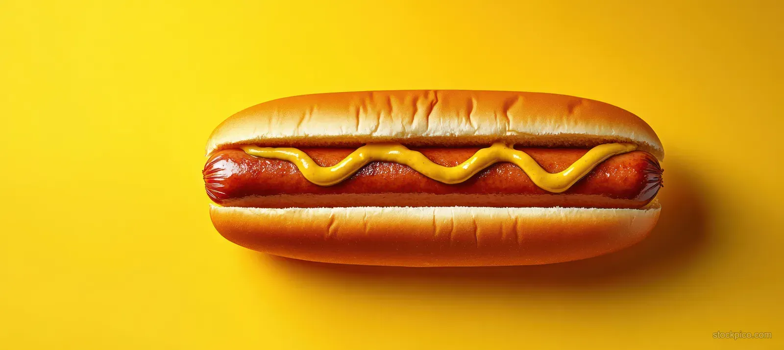 Centered hot dog with a thin mustard stripe on a bright yellow background.