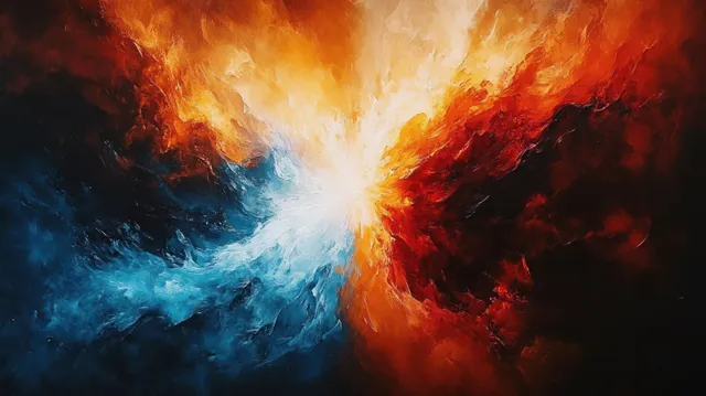 Flames and ice collide in a chiaroscuro abstract burst with smoky color halos