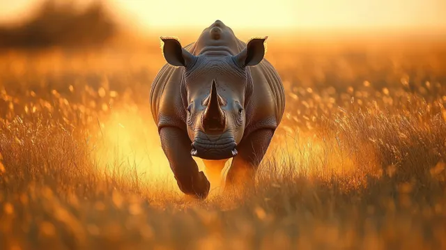 Rhinoceros walking toward camera through tall golden grass at sunset glow