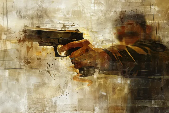 Pistol shooter aiming at a 25m target, dynamic motion blur and splattered ink
