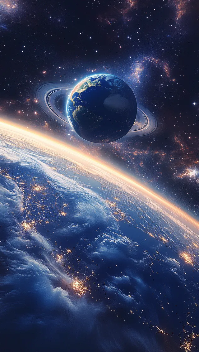 Earth and distant ringed planet drift in space, with city lights across the night curve