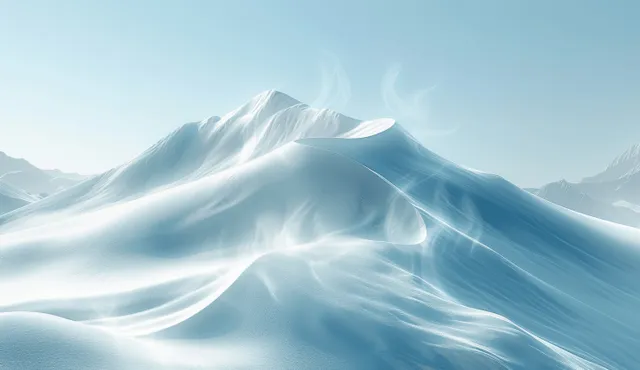 Glowing icy mountain ridges with flowing light waves across a snowy horizon