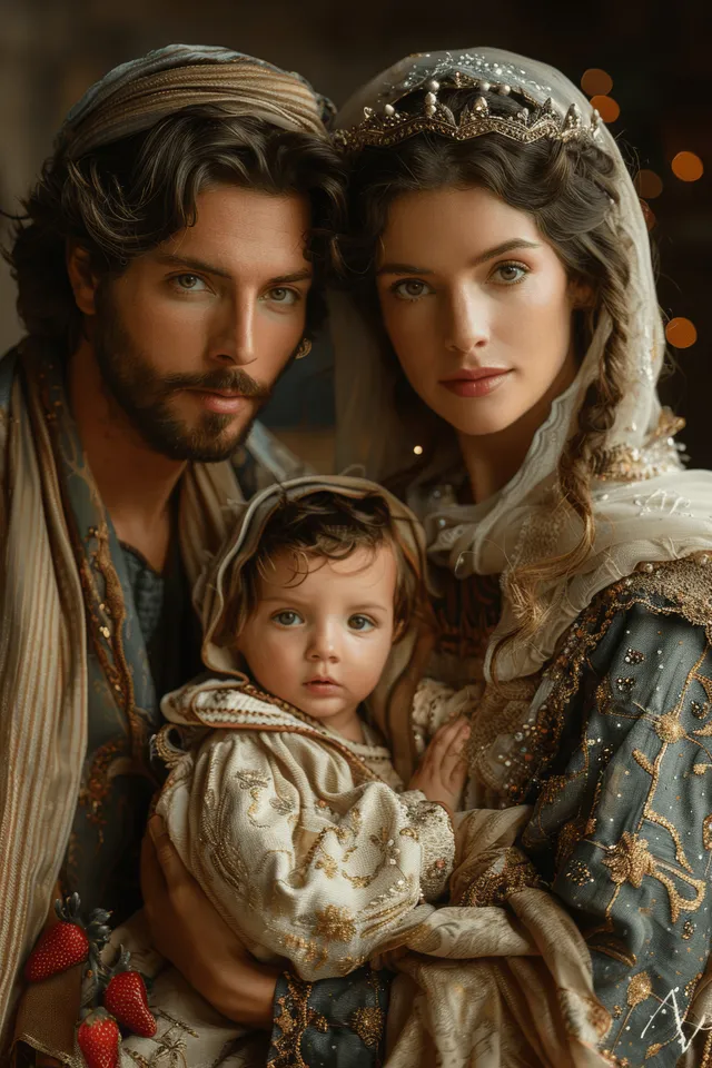 Mary and Joseph cradle baby Jesus in a straw manger setting under twinkling stars.