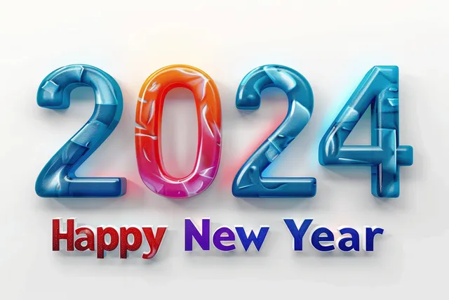 Colorful 3D 2024 numbers with Happy New Year text on white backdrop