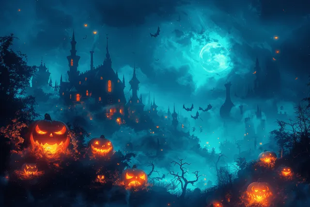 Foggy haunted castle under a full moon with glowing jack-o'-lantern pumpkins and bats flying across the sky.