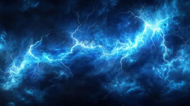 Blue lightning bolts illuminate dark storm clouds, glowing through blue mist and smoky haze.